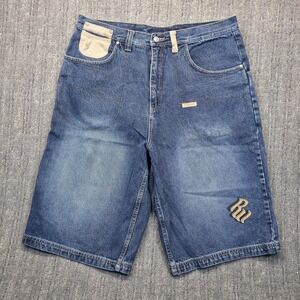 VTG Y2K Rocawear Denim Jorts Shorts Size 38 Baggy Loose Suede Back Hip Hop Rap
